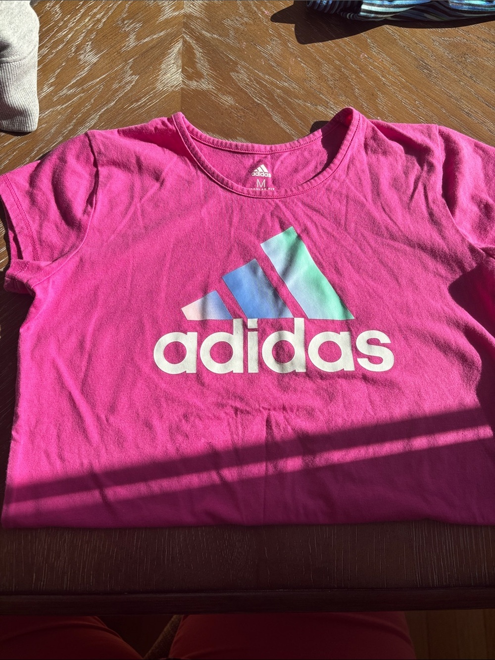 adidas Girls Bright Pink Logo Tee with Gradient Stripes